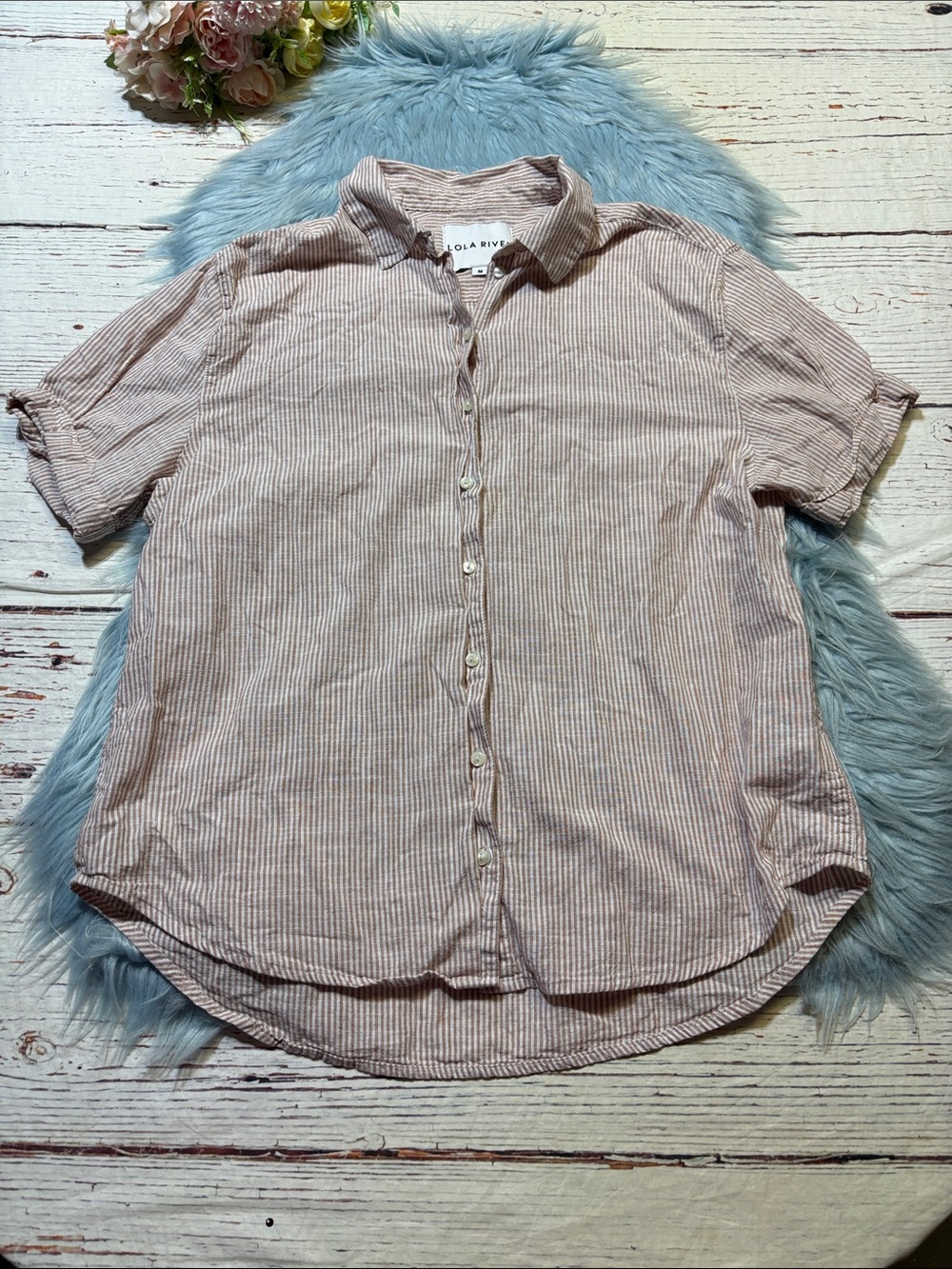Lola Rivera Striped Button-Up Shirt in Soft Blush Sz M